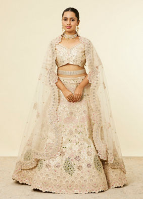 alt message - Mohey Women Dark Cream Floral Patterned Lehenga with Peacock Motifs image number 0